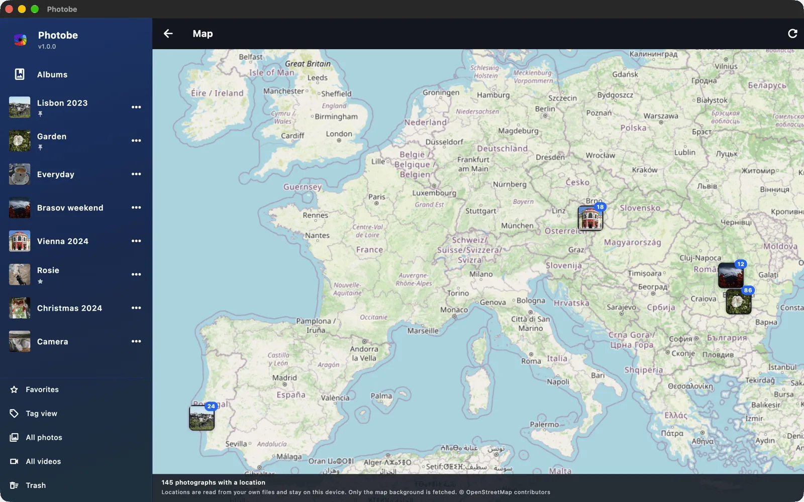 Photobe on macOS: photos placed on a map.