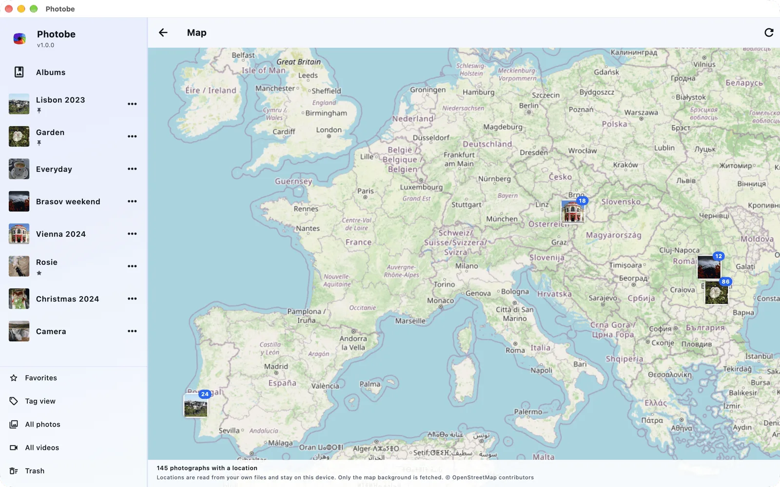 Photobe on macOS: photos placed on a map.