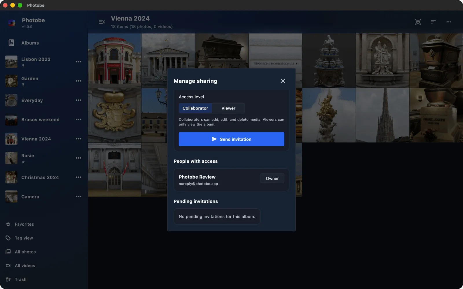 Photobe on macOS: inviting people to an album.