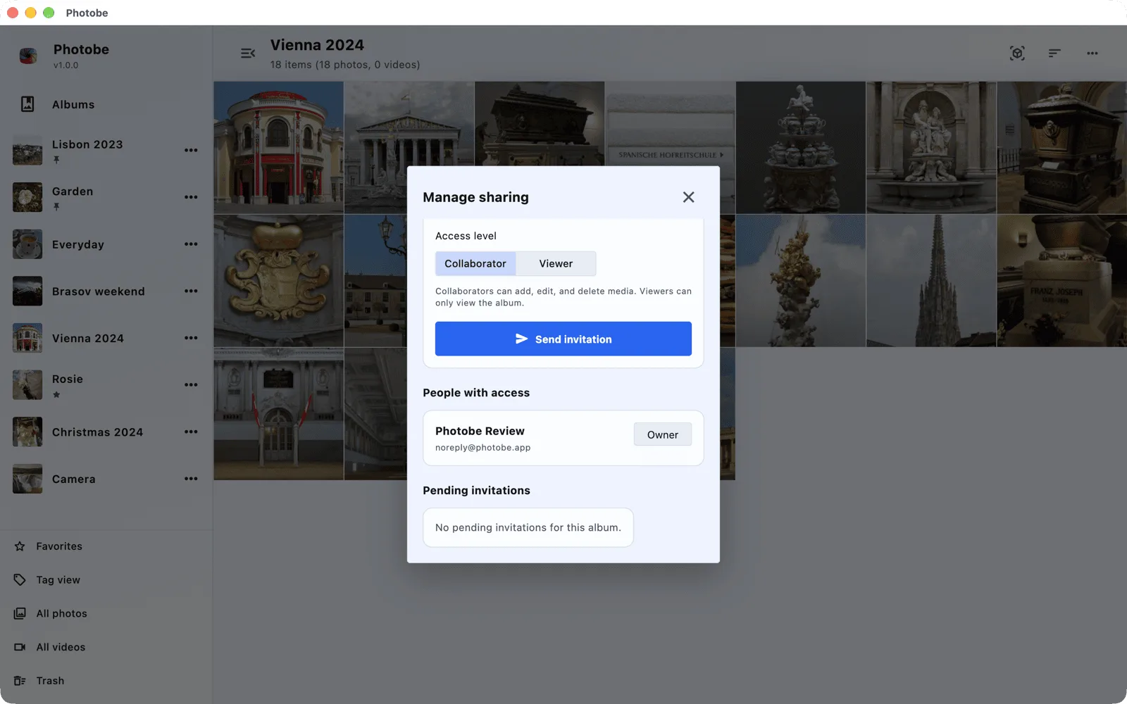 Photobe on macOS: inviting people to an album.